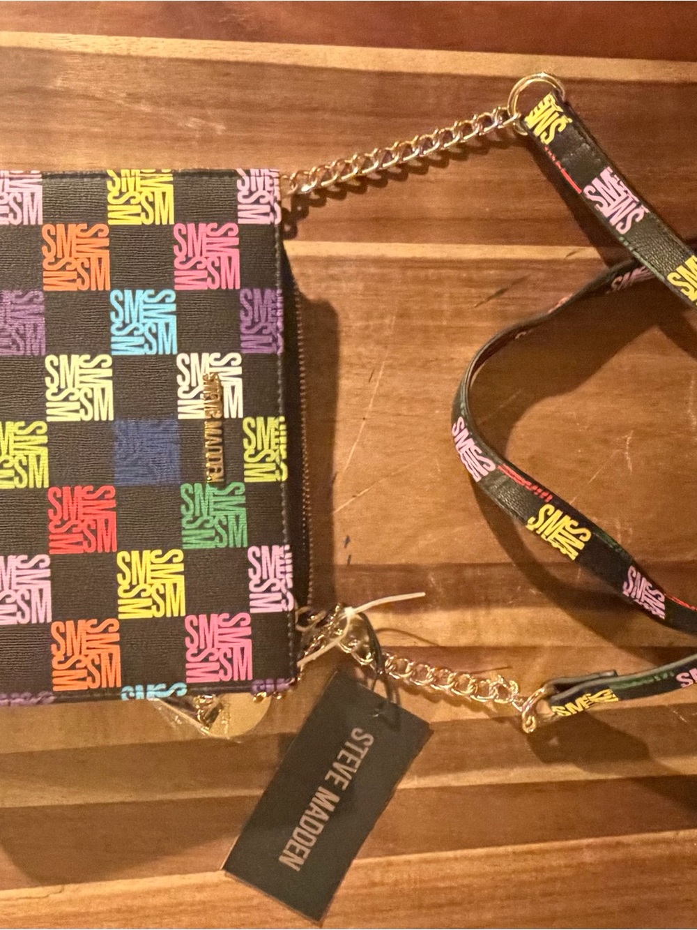 Steve Madden Black Multicolor Logo Crossbody Wallet with Gold Chain